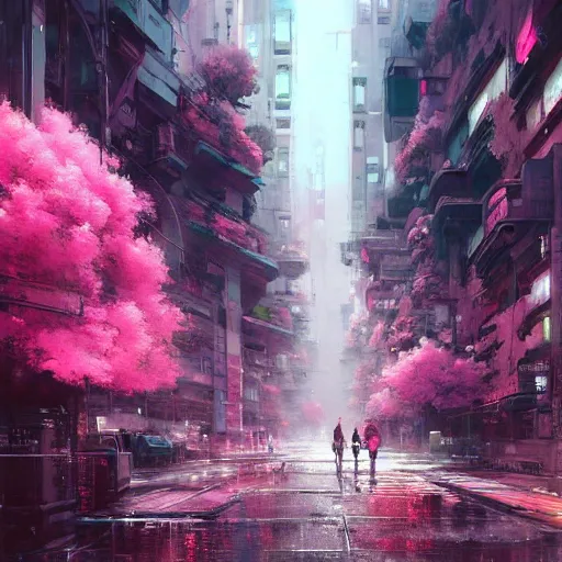 Image similar to a painting of a city street with pink flowers, cyberpunk art by wadim kashin, cgsociety, panfuturism, cityscape, dystopian art, anime aesthetic