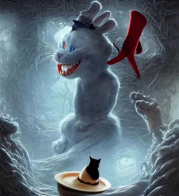 Prompt: complex 3 d render, hyper detailed, ultra sharp, of the cat in the hat, scary, cosmic horror, cinematic, natural soft light, rim light, art by greg rutkowski and artgerm and norman rockwell, dr seuss
