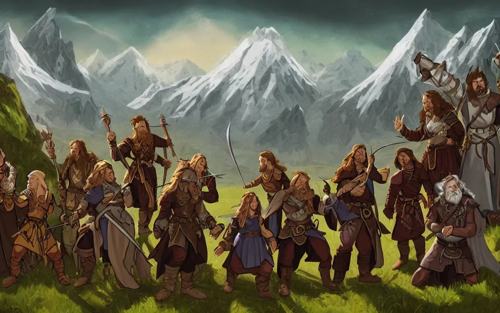 Image similar to DnD party with a wizard, knight, rogue, druid, bard, adventuring across vast rugged mountain range, long sightline, LOTR fantasy illustration