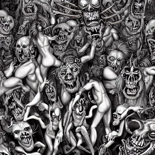 Image similar to digital painting of demons in rave party in hell by Chor Boogie, intricate details, ultra detailed, 4K, award-winning, touch of M. C. Escher