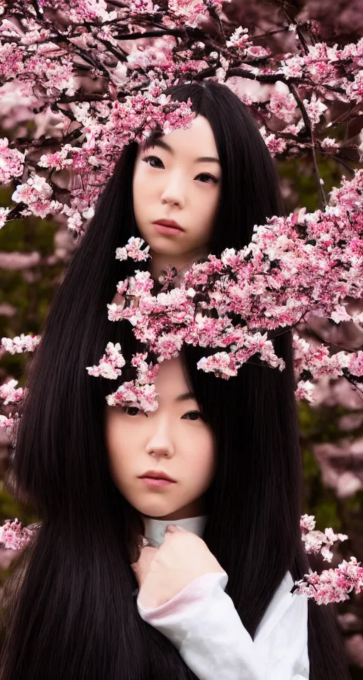 Prompt: a beautiful detailed hyperrealistic render of an attractive japanese female with long black hair covering part of her face and wearing a seifuku, standing next to a beautiful cherry blossom tree, centered, trending on gettyimages and 5 0 0 px, extreme detailing, dim dusk lighting, cinematic lighting, detailed lighting, volumetric lighting, realistic, f 8, 4 k hd wallpaper