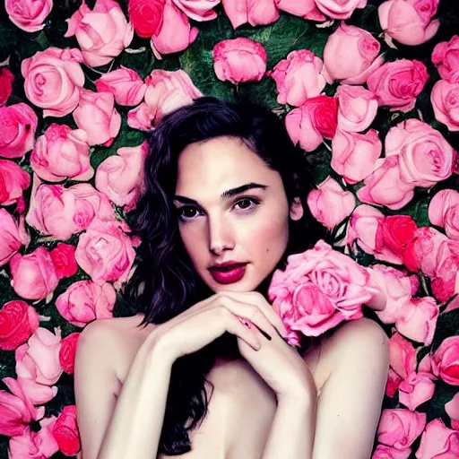 Image similar to fine art photo of the beauty gal gadot, she is merging from pink roses, taken by oleg oprisco