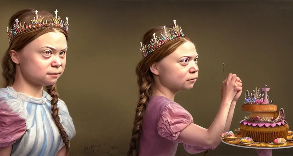 Image similar to closeup profile portrait of greta thunberg as a fairytale princess wearing a crown eating cakes in the castle kitchen, nicoletta ceccoli, mark ryden, lostfish, max fleischer, hyper realistic, artstation, illustration, digital paint, matte paint, vivid colors, bright, cheerful, detailed and intricate environment