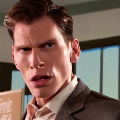 Image similar to Live Action Still of Jerma in Pulp Fiction, real life, hyperrealistic, ultra realistic, realistic, highly detailed, epic, HD quality, 8k resolution, body and headshot, film still