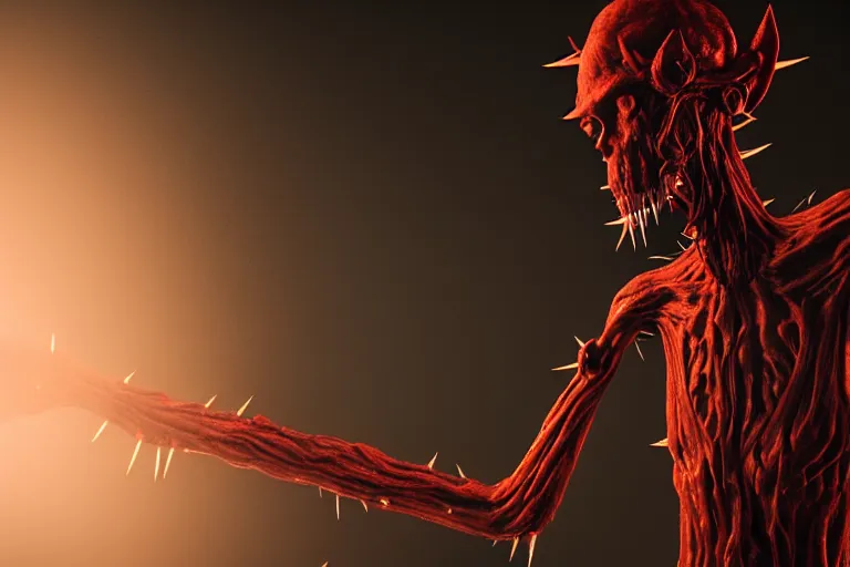 Image similar to lanky ink demon made out of a humanoid nervous system with large meaty spikes all over the body, cinematic, volumetric lighting, f 8 aperture, cinematic eastman 5 3 8 4 film, photorealistic