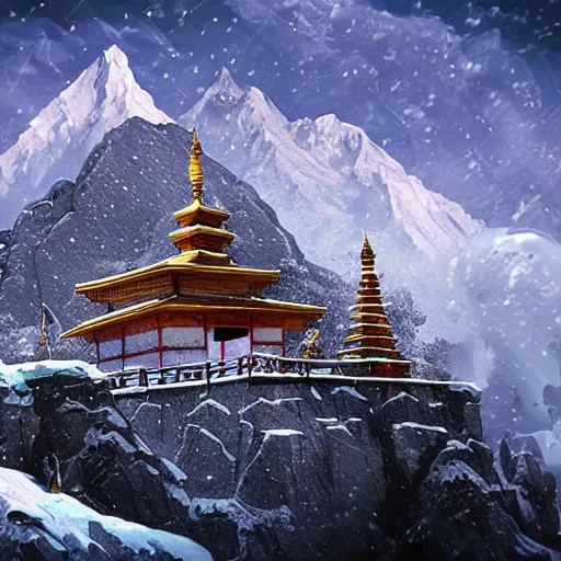 Image similar to snowy peaks, himalayas, buddhist temple, stunning, extraordinary, blizzard, mystical, made in abyss style, detailed, dynamic scene