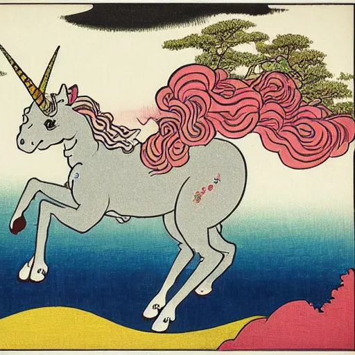 Image similar to A unicorn with rainbow color by Katsushika Hokusai