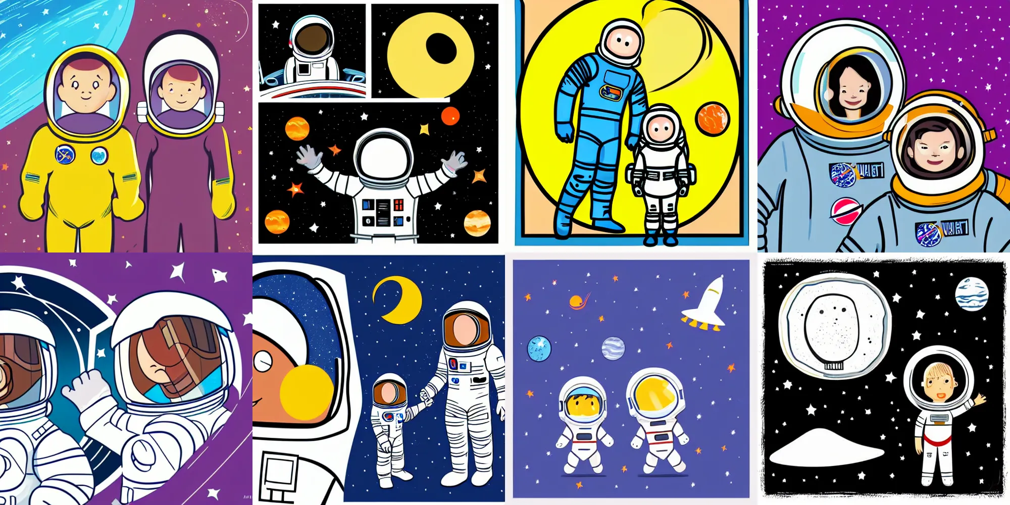 Prompt: an astronaut father and his daughter, fully space suited, cartoon, illustration, comic, vector art