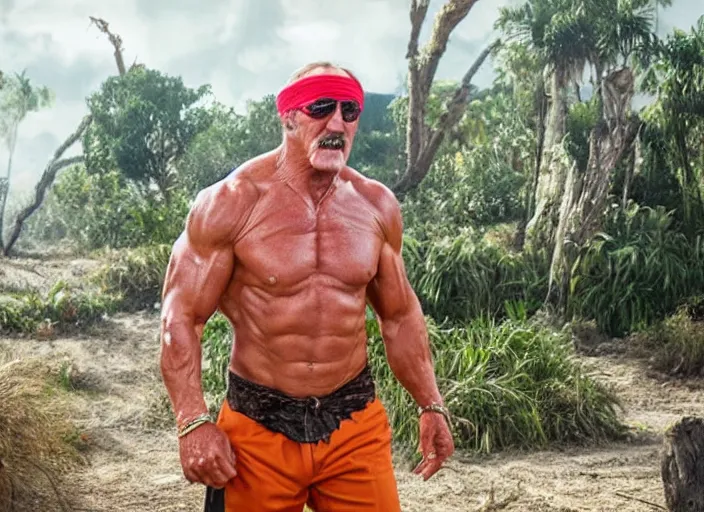 Image similar to hulk hogan, movie still, from the new thunder in paradise movie, 8 k, realistic