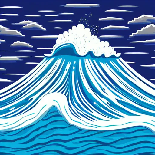 Image similar to giant tsunami wave that is 20 miles high, approaching about to crash into a small coastal town. miniature buildings compared to giant waves are so tall, they seem to touch the sky, large scale image, cartoon color drawing vector illustration, 2d photorealistic flat anime style