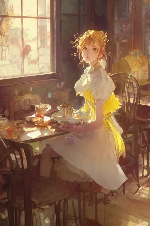 Image similar to A girl in a maid's outfit in a cafe a afternoon, wavy hair yellow theme,S line,45 angel by krenz cushart and mucha and akihito yoshida and greg rutkowski