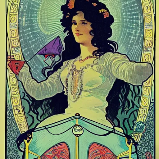 Prompt: vintage poster of Caucasian fortune teller lady with curly hair, a spread of tarot cards on a table, cats on her side, in a colorful tent, Alphonse Mucha,