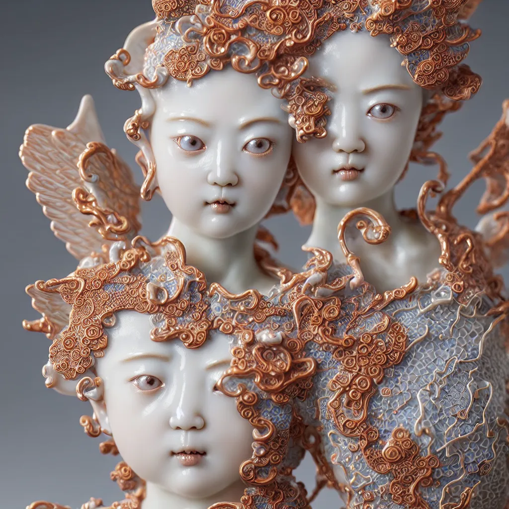 Image similar to A Close up photo-real delicate ceramic porcelain sculpture of an angel ornate detailed in front of an intricate background by Victo Ngai and takato yamamoto, micro detail, backlit lighting, face in focus, translucent, thin porcelain, octane renderer, colorful, physically based rendering, japanese pottery