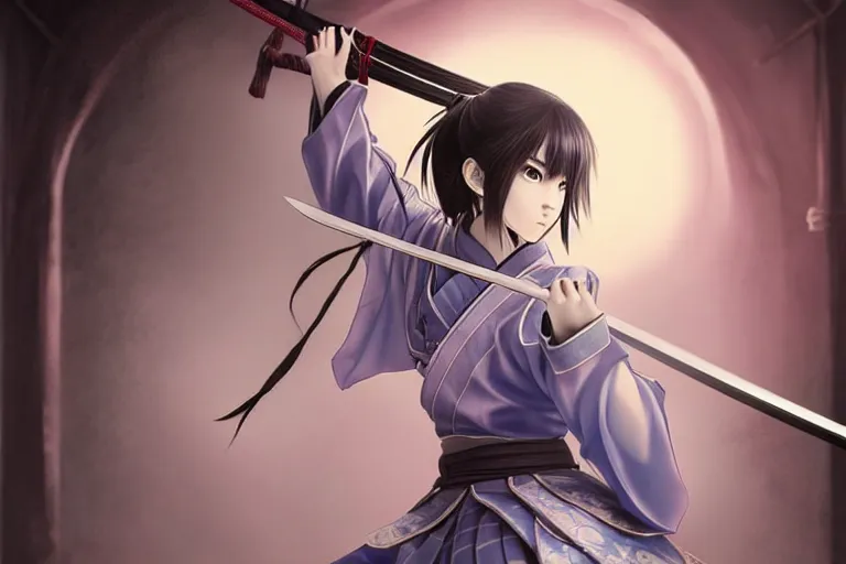 Prompt: highly detailed beautiful photo of a madison beer as a young female samurai. practising sword stances. art by koyoharu gotouge. symmetrical face, beautiful eyes, realistic, 8 k, award winning photo, pastels colours, action photography, 1 / 1 2 5 shutter speed, sunrise lighting,