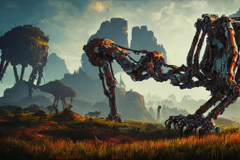 Image similar to tallneck machine mecanical creature robot of horizon forbidden west horizon zero dawn bioluminiscence global illumination ray tracing hdr fanart arstation by ian pesty and alena aenami artworks in 4 k