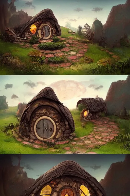 Image similar to beautiful matte painting of a hobbit house with round door and windows under a hill, whimsical by brian kesinger and thunder brush, artstation