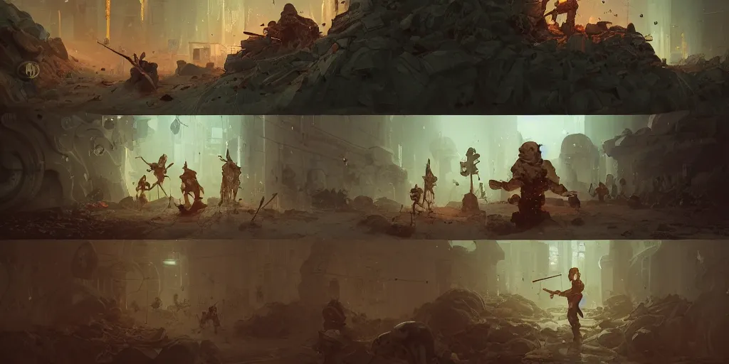 Image similar to duotone olive comic panel illustrations of ancient catacombs, dark fantasy, sigils, runes, magic, wizard fighting a golem, composition accidental renaissance golden ratio, cinematic, by sachin teng and sergey kolesov and ruan jia and heng z and wlop. graffiti art, scifi, fantasy, hyper detailed, octane render., concept art,