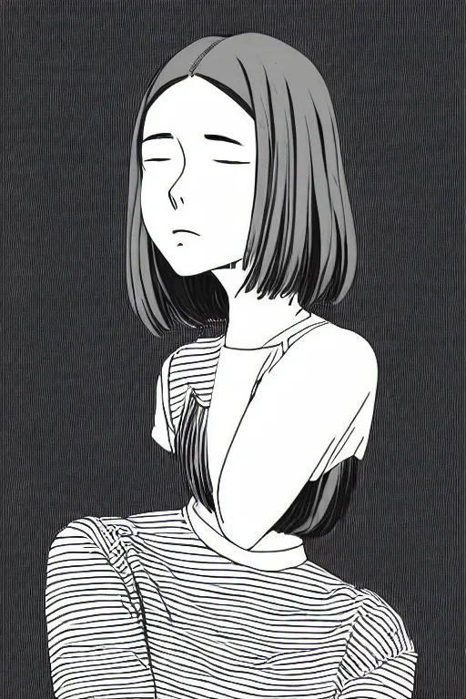 Image similar to portrait of a girl in long pants and a striped top, hands in pockets, eyes closed, bob haircut, digital art, black and white, lineart by kaoru mori