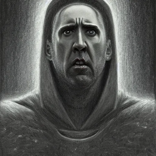 Image similar to Nicolas Cage as god of chaos in a hood dark fantasy, intricate, smooth, artstation, painted by zdislav beksinski