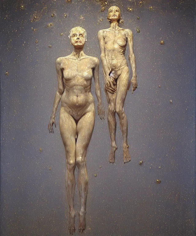 Image similar to Beautiful full-body wax sculpture of glowing transparent woman with visible gold bones covered with melted white wax inside the singularity where stars becoming baroque folds of dark matter by Michelangelo da Caravaggio, Nicola Samori, William Blake, Alex Grey and Beksinski, dramatic volumetric lighting, highly detailed oil painting, 8k, masterpiece