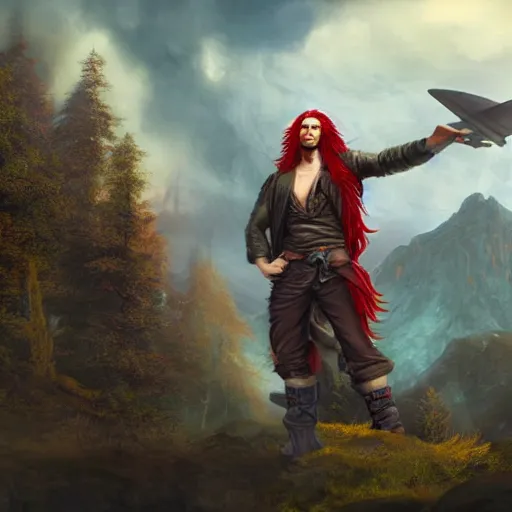 Image similar to male sky-pirate with long red hair standing in front of an airship, high detailed face, realistic, ultra detailed, menacing, powerful, dark, shallow focus, forest, mountains in the background concept art design as if designed by Wētā Workshop