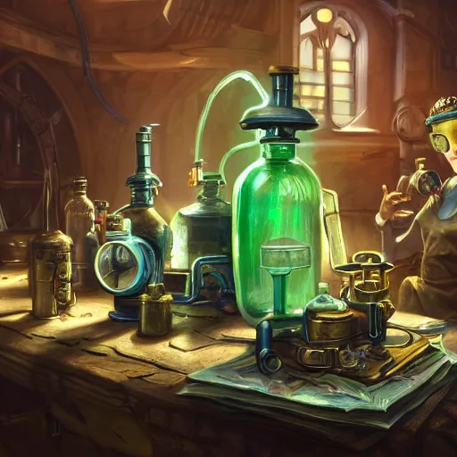 Image similar to subject = (steampunk alchemist with goggles concentrating on her latest creation), foreground = (a flask filled with glowing green liquid, specular highlights within, volumetric light, ray traced), background = (medieval alchemical workshop, filled with supplies), by ross tran, cgsociety, artstation, digital art, highly detailed, beautiful, award winnning, action action action, tilt shift, dramatic