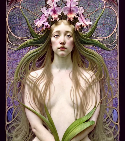 Image similar to beautiful young orchid fairy detailed realistic porcelain face portrait by jean delville, alphonse mucha, iris van herpen and marco mazzoni, art forms of nature by ernst haeckel, art nouveau, symbolist, visionary, gothic, neo - gothic, pre - raphaelite, fractal lace, intricate alien botanical biodiversity, surreality, hyperdetailed ultrasharp octane render
