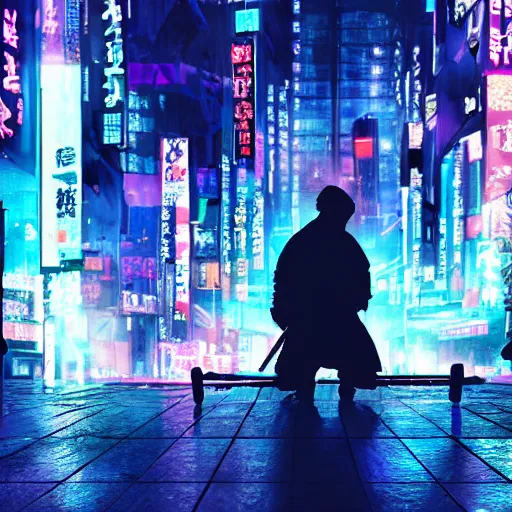 Image similar to silhouette of a samurai on his knees stabbing himself with a katana, blue and purple neon cubes coming out his body, cyberpunk rainy city at night, high quality, high detail, 4K, UHD, torii in the background, trending on ArtStation, blade runner vibes