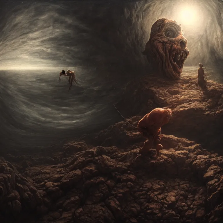 Image similar to man escaping hell, selfie gopro footage, fisheye, landscape portrait surreal painting, perfect composition, beautiful detailed intricate octane render, artstation, 8 k, photorealistic, volumetric cinematic light, chiaroscuro, masterpiece, raphael, bosch, caravaggio, beksinski, giger