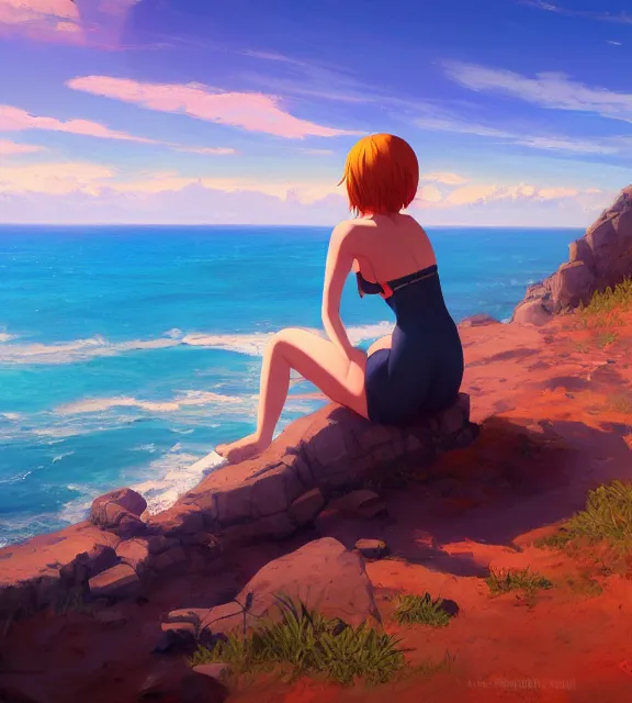 Image similar to a girl sitting on a cliff overlooking a beach. vivid colors, soft lighting, atmospheric, cinematic, moody, in the style of ilya kuvshinov and range murata, krenz cushart, oil on canvas, 8 k