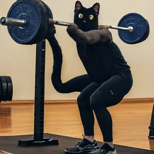 Image similar to an anthropomorphic cat doing deadlifts weight training exercise with a loaded barbell at a gym