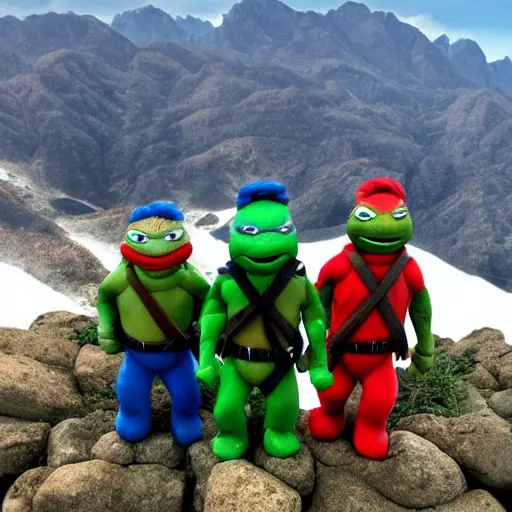 Image similar to teenage mutant ninja turtles on top of a mountain