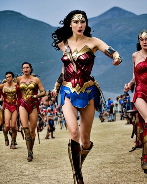 Prompt: gal gadot as wonder woman, at the 2 0 0 - meter starting line, ancient greek olympic trials, mount olympus can be seen off in the distance, sports photography in the style of neil leifer