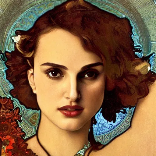 Prompt: a stylized closeup portrait of a young natalie portman, hair in arabesque forms, art nouveau, jugendstil, decorative background, painted by alphonse mucha