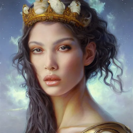 Prompt: a full shot portrait of a greek goddesses, oil painting, by ross tran and and Edgar Maxence and julie bell