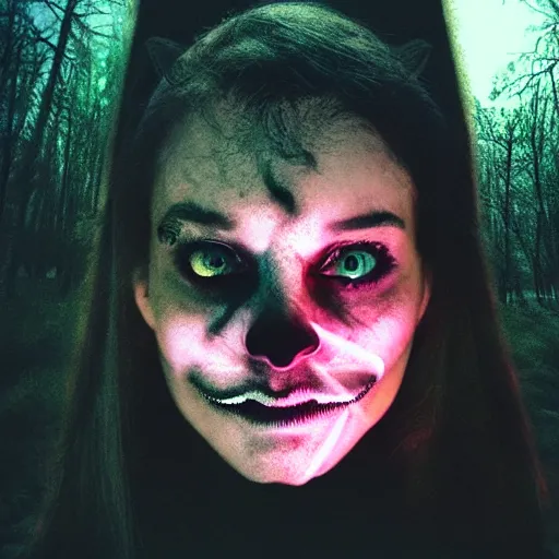 Prompt: A surrealistic and psychedelic selfie of a woman, with a spooky filter applied, in a dark and eerie forest, with glowing eyes peeking out from the shadows, in a Halloween style.
