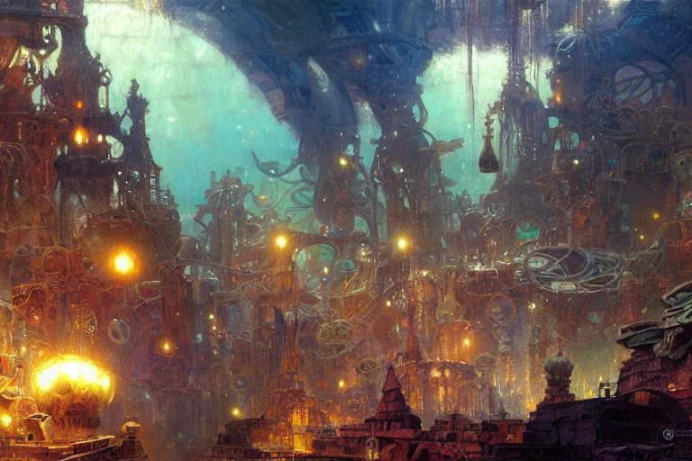 Image similar to underwater city, painting by gaston bussiere, craig mullins, j. c. leyendecker, tom of finland