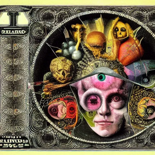 Image similar to post - punk new age album cover, asymmetrical design, frame of a dollar bank notes, capitalism, magic, apocalypse, psychedelic, black white pink, magic, giger h. r., giuseppe arcimboldo