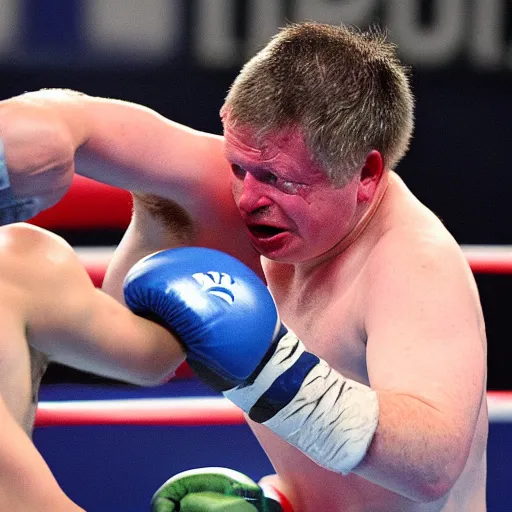 Image similar to boris johnson losing a boxing match, with a bleeding lip and broken nose