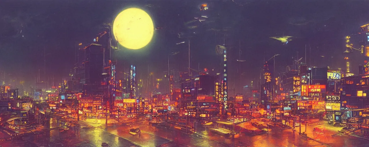 Prompt: awe inspiring bruce pennington cityscape, digital art painting of 1 9 6 0 s, japan at night, 4 k, matte