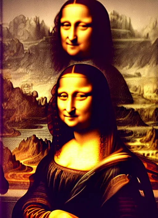 Prompt: oil painting of Mona Lisa holding up an iPhone to take a selfie by Leonardo Da Vinci