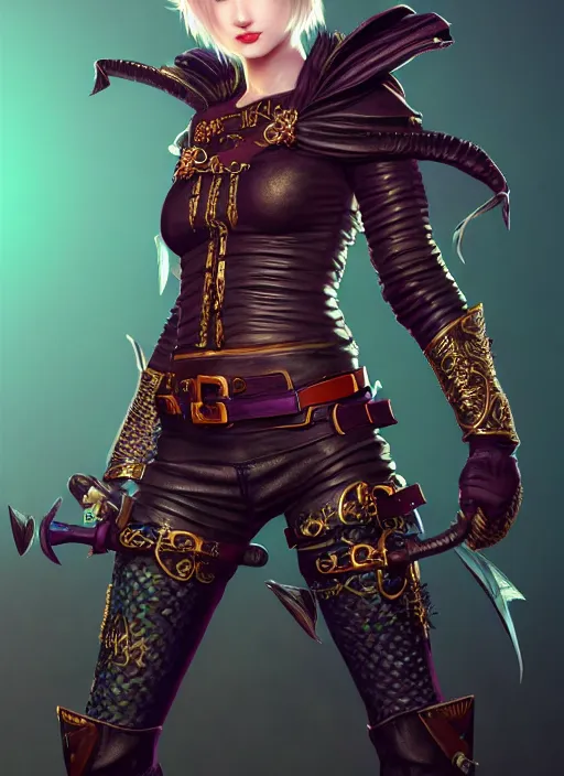 Prompt: rogue, fantasy ornate leather bandit outfit!!! beautiful and athletic short hair female!! gorgeous face and eyes!! character concept art, sharp focus, octane render! unreal engine 5! highly rendered!! trending on artstation!! detailed linework!! illustration by chie yoshii, wlop, and artgerm