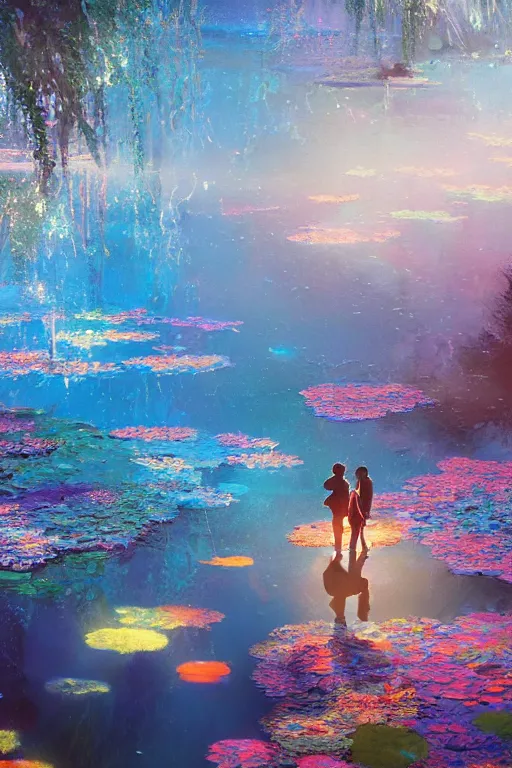 Image similar to nenufar in a pond, colorful, blue backgroung,clean, joyful, intricate, elegant, volumetric lighting, digital painting, highly detailed, artstation, sharp focus, illustration, concept art, ruan jia, steve mccurry