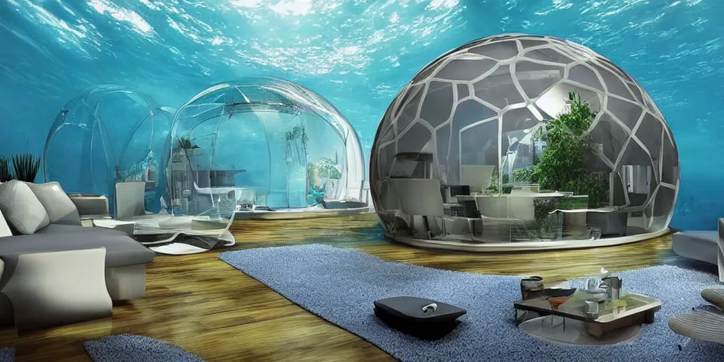 Image similar to home interior that is an underwater dome