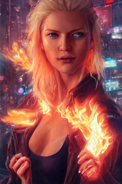 Image similar to wonderful young blonde woman with flames dancing on her hands with a long jacket in a cyberpunk city, realistic mouth, realistic, high definition, detailed and symetric face, detailed and realistic hands, expressive eyes, 4 k, shimmering color, art by artgerm ans greg rutkowski and magali villeneuve