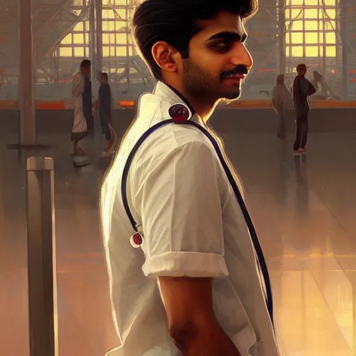 Image similar to Anxious good looking pale young Indian doctors wearing American clothes at the airport, portrait, elegant, intricate, digital painting, artstation, concept art, smooth, sharp focus, illustration, art by artgerm and greg rutkowski and alphonse mucha