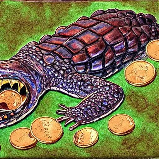 Image similar to gator sleeping on pile of coins and rubies, river, green, brown, blue, airbrush