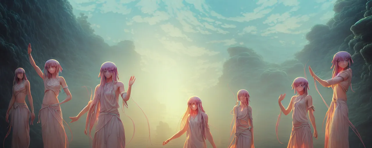 Prompt: A painting of priestesses worshipping at the jellyfish temple, shrouded in mist, jellyfish god, 8K, illustration, art by artgerm and Makoto Shinkai and Hitoshi Ashinano, smoke, cinematic, insanely detailed and intricate, hypermaximalist, elegant, super detailed, award-winning, puce and vermillion, mysterious, ancient, ritual, ethereal, trending in cgsociety, artstation HQ, ornate, elite, haunting, matte painting