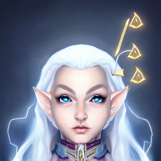 Image similar to Beautiful white haired aged fair skinned scholar elf with spell scroll and lightning background, full body, symmetrical, realism, digital painting, detailed artwork, portrait, mythical, artstation