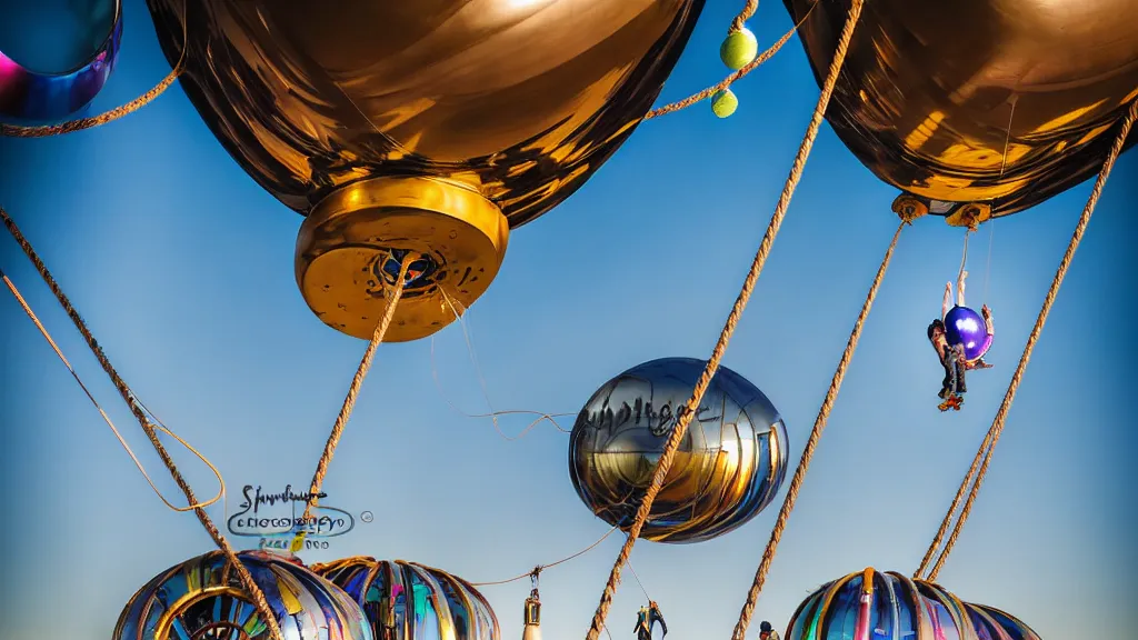 Image similar to large colorful futuristic space age metallic steampunk balloons with pipework and electrical wiring around the outside, and people on rope swings underneath, flying high over the beautiful los angeles city landscape, professional photography, 8 0 mm telephoto lens, realistic, detailed, photorealistic, photojournalism